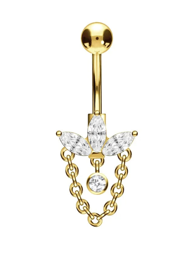 Gold dangle belly ring featuring a crystal lotus and a chain