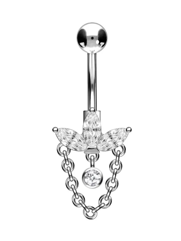 Surgical steel dangle belly ring featuring a lotus design