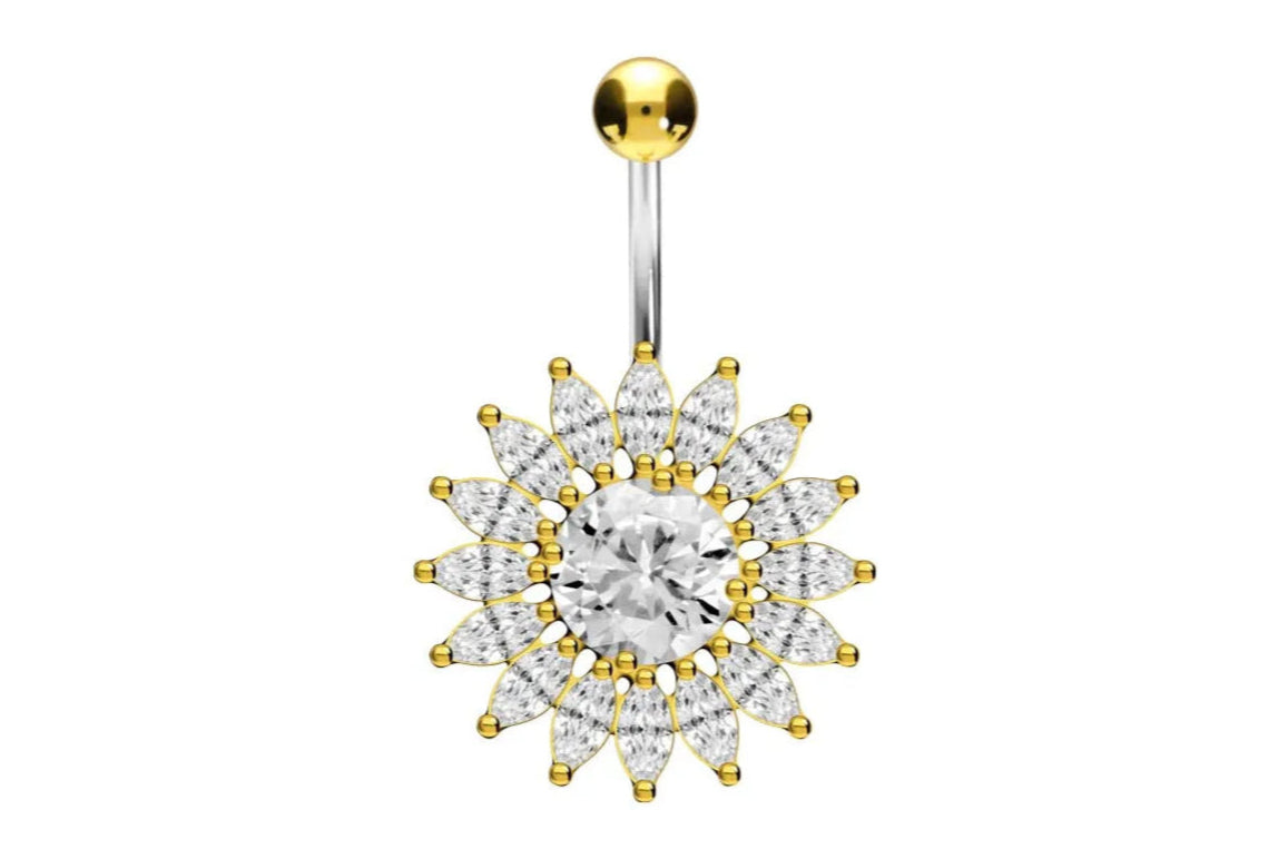 Titanium/ 925 silver - Belly Button Piercing Extravagant Crystal Sun