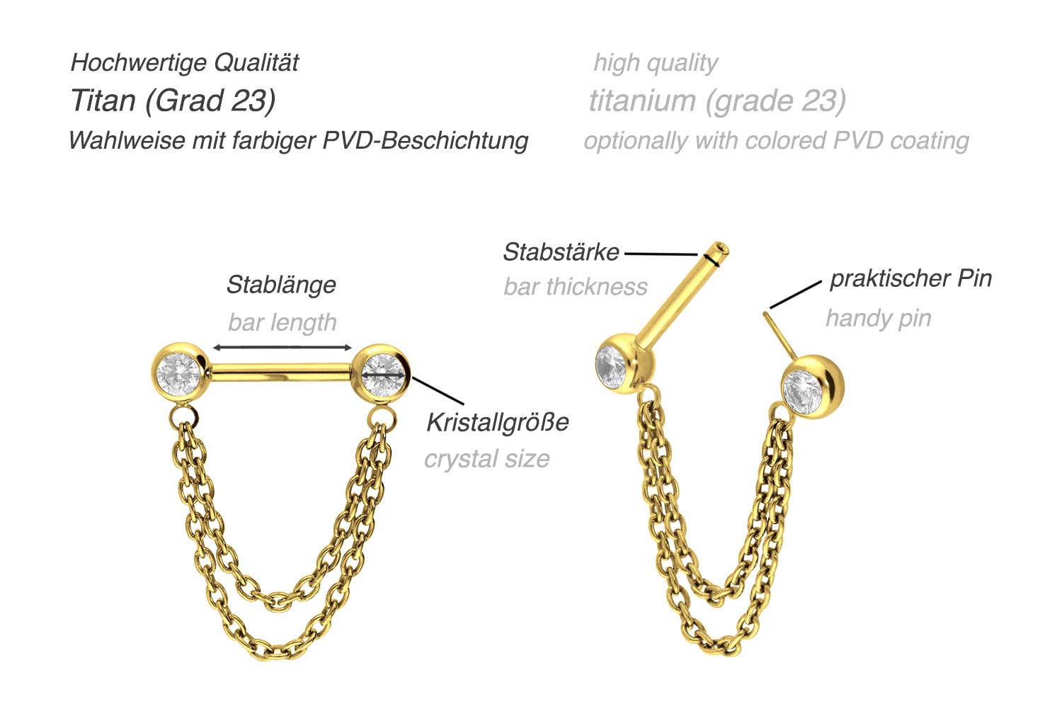 Titanium Push Pin Nipple Barbell - Crystals & Dangling Chains