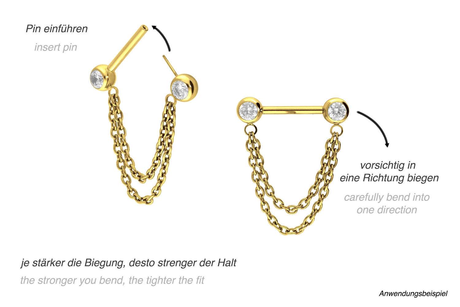 Titanium Push Pin Nipple Barbell - Crystals & Dangling Chains