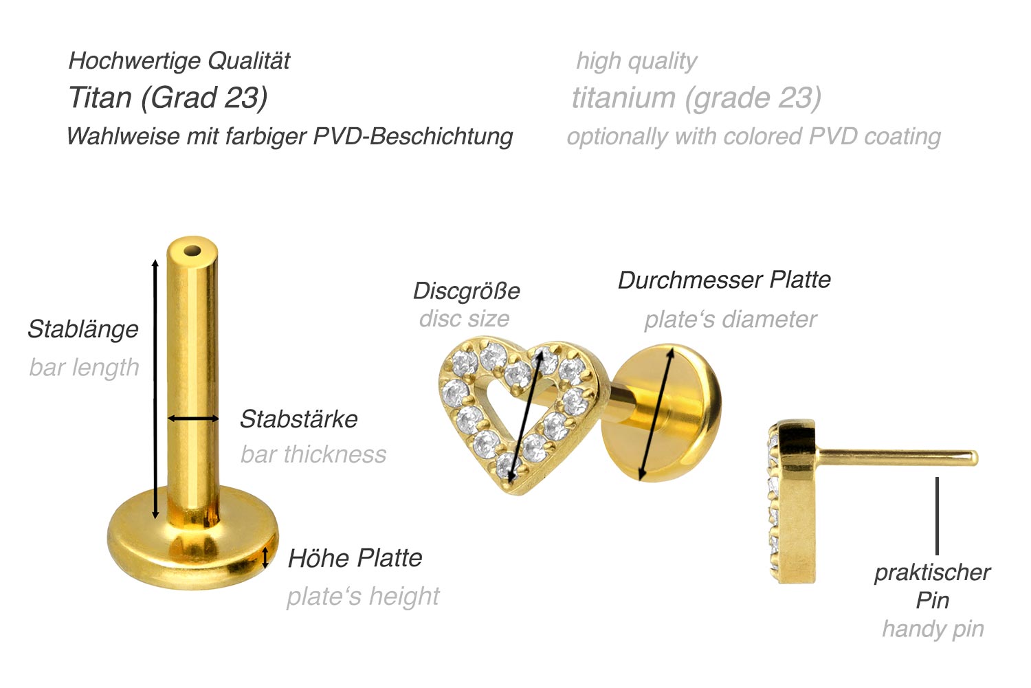 Titanium Push Pin Flat Back Stud - Mini Crystal Heart