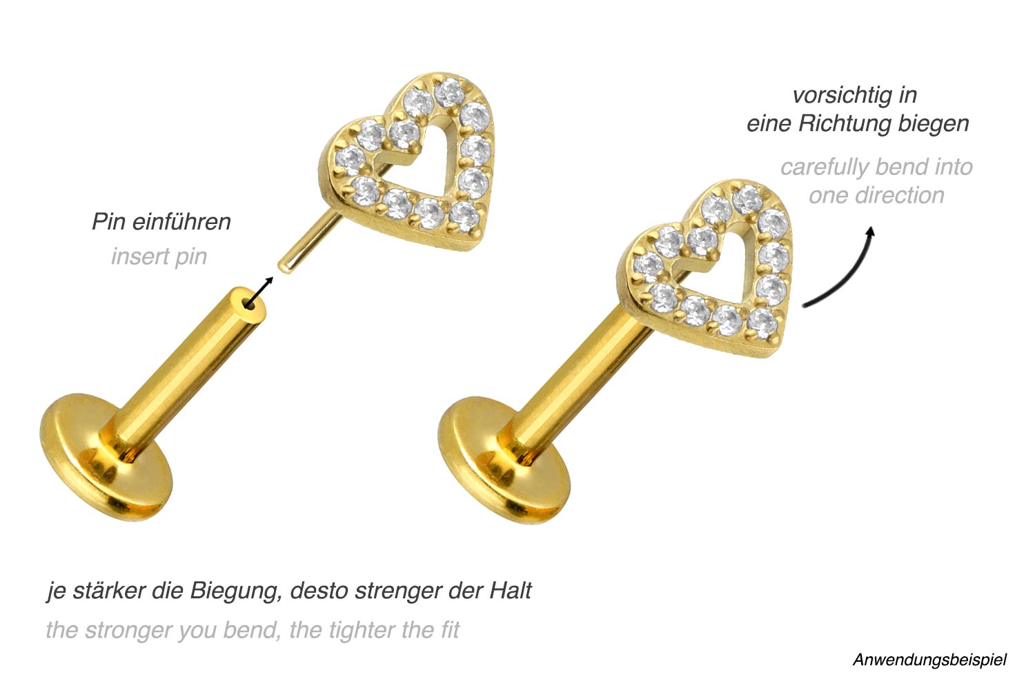 Titanium Push Pin Flat Back Stud - Mini Crystal Heart