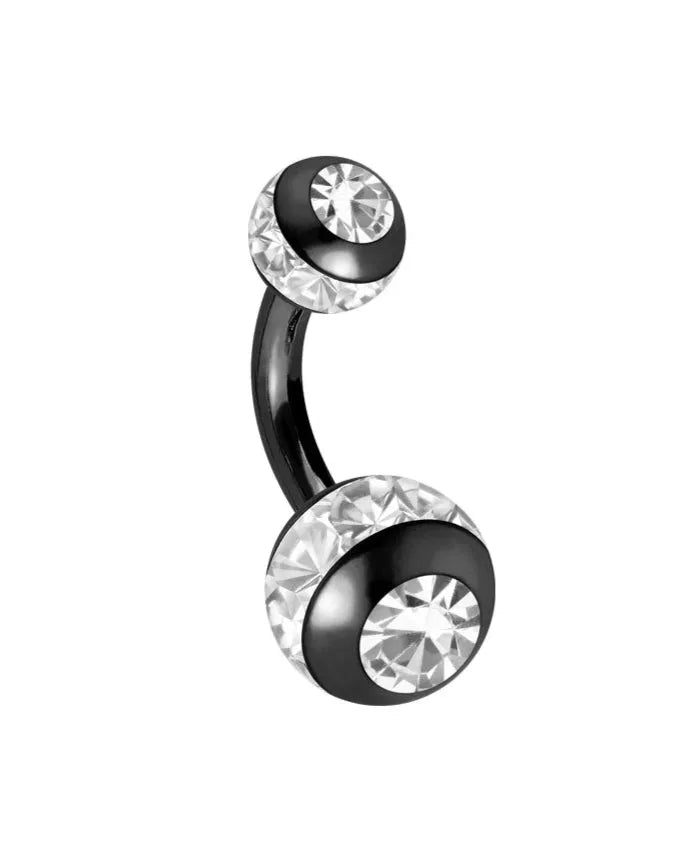black non-tarnish belly ring featuring 2 crystal balls
