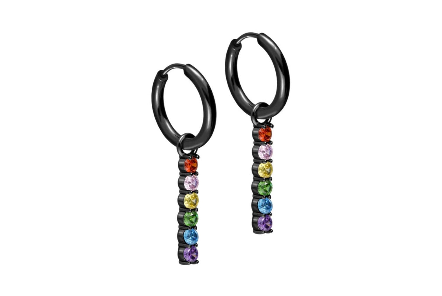 black hoop earrings with a rainbow crystal dangle
