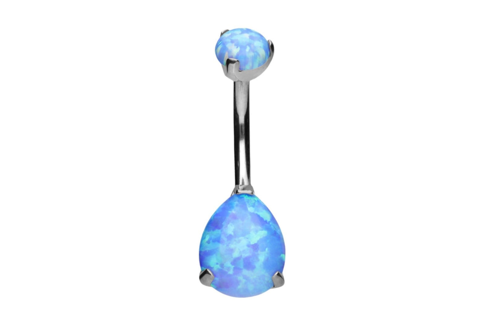 titanium belly ring with a light blue opal drop