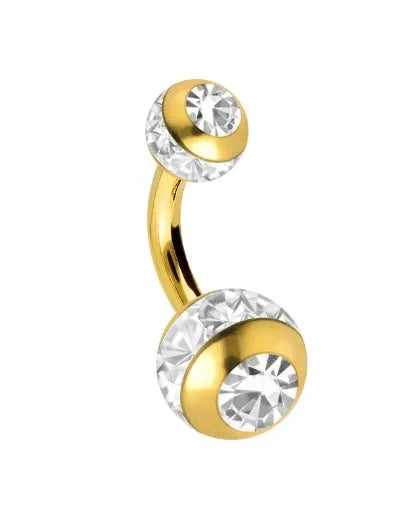non-tarnish gold belly ring featuring 2 crystal balls