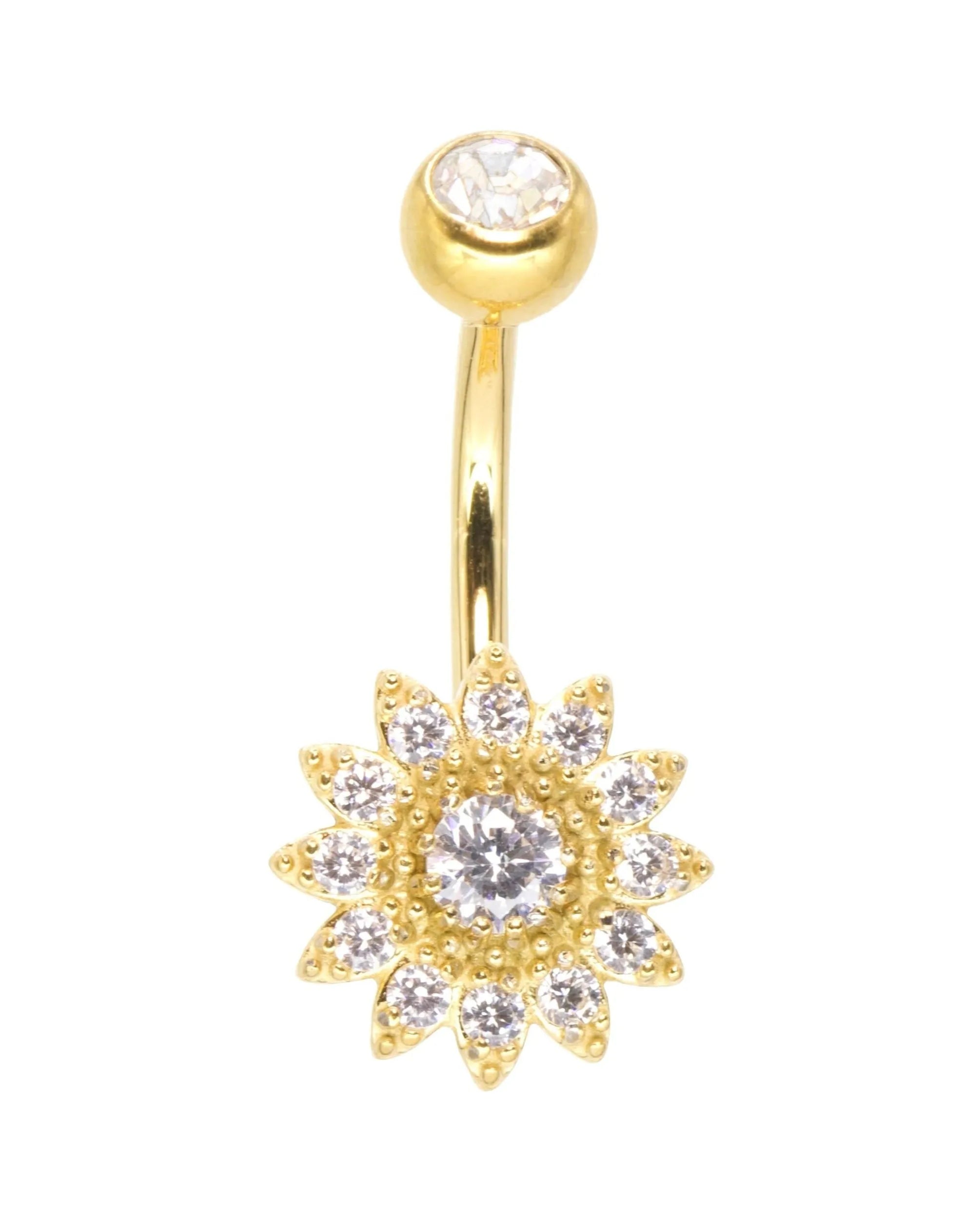 non-tarnish gold belly ring featuring a dainty crystal flower