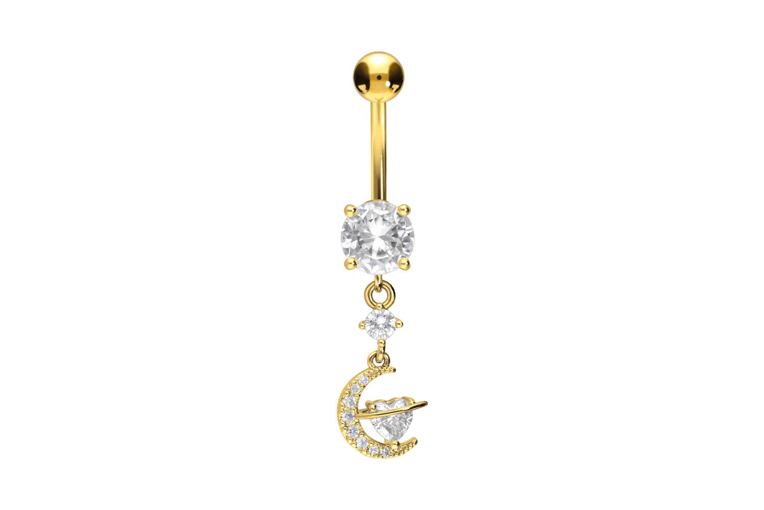 gold dangle belly ring with a cute moon