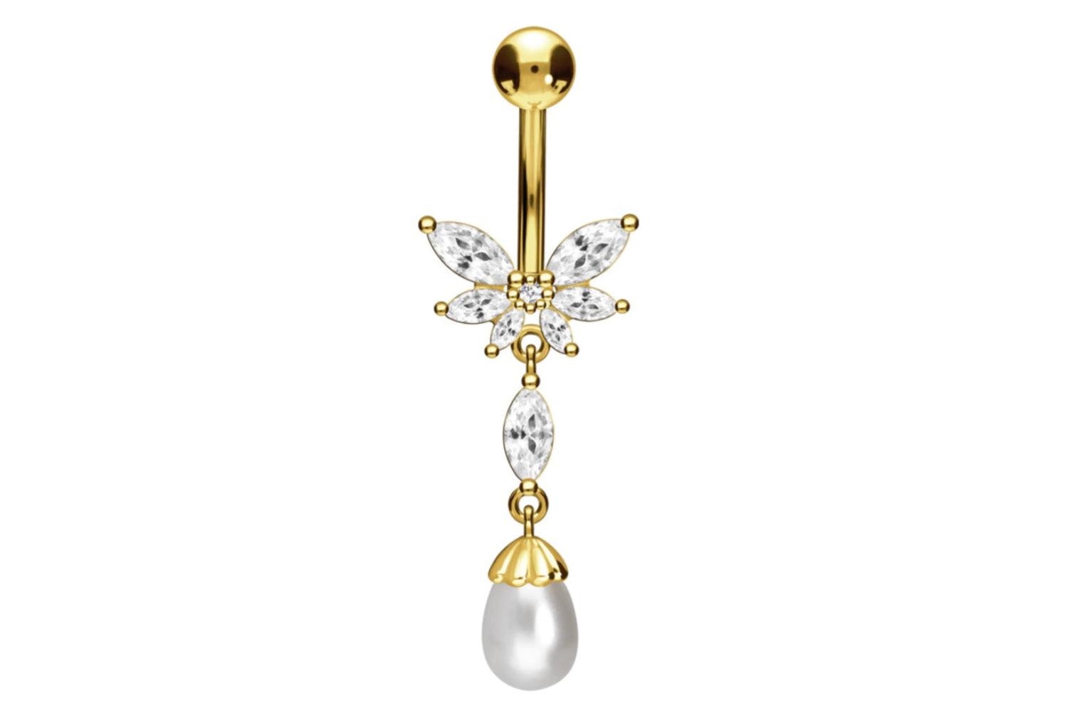 gold dangle belly ring with a butterfly and a dangly pearl