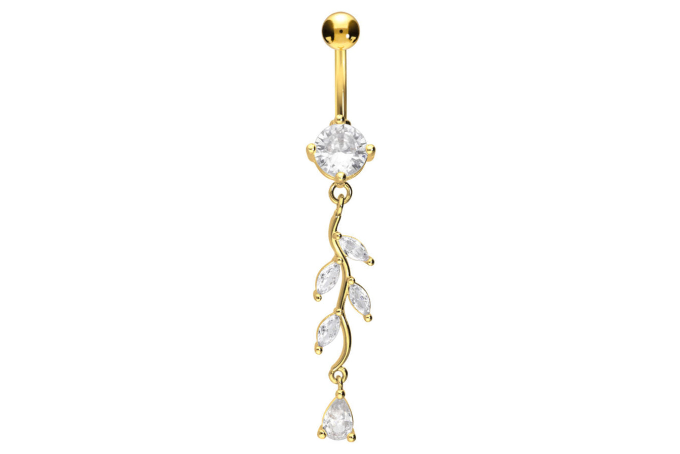 gold dangle belly ring with a dainty crystal tendril