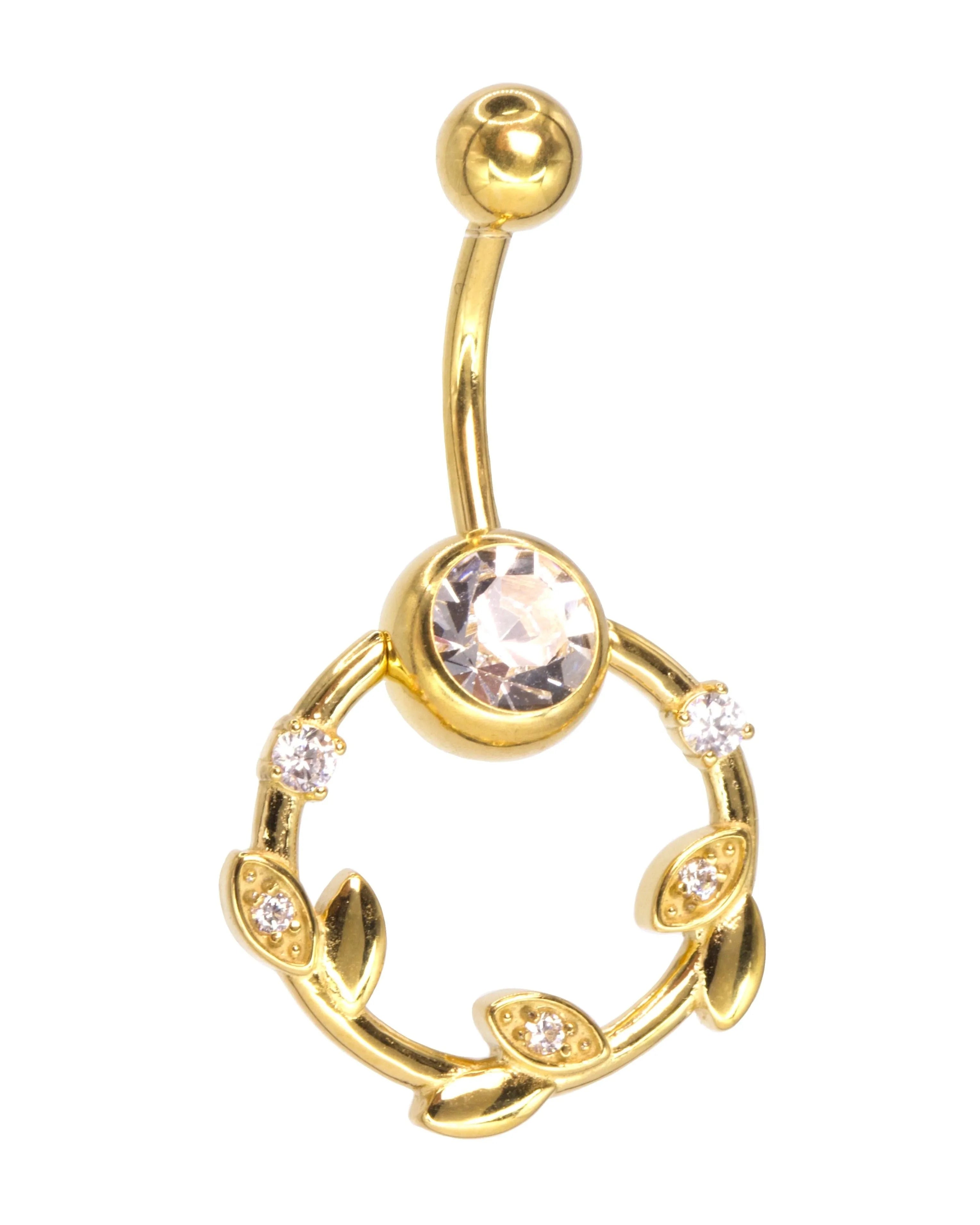 dangle gold belly ring featuring a crystal vine
