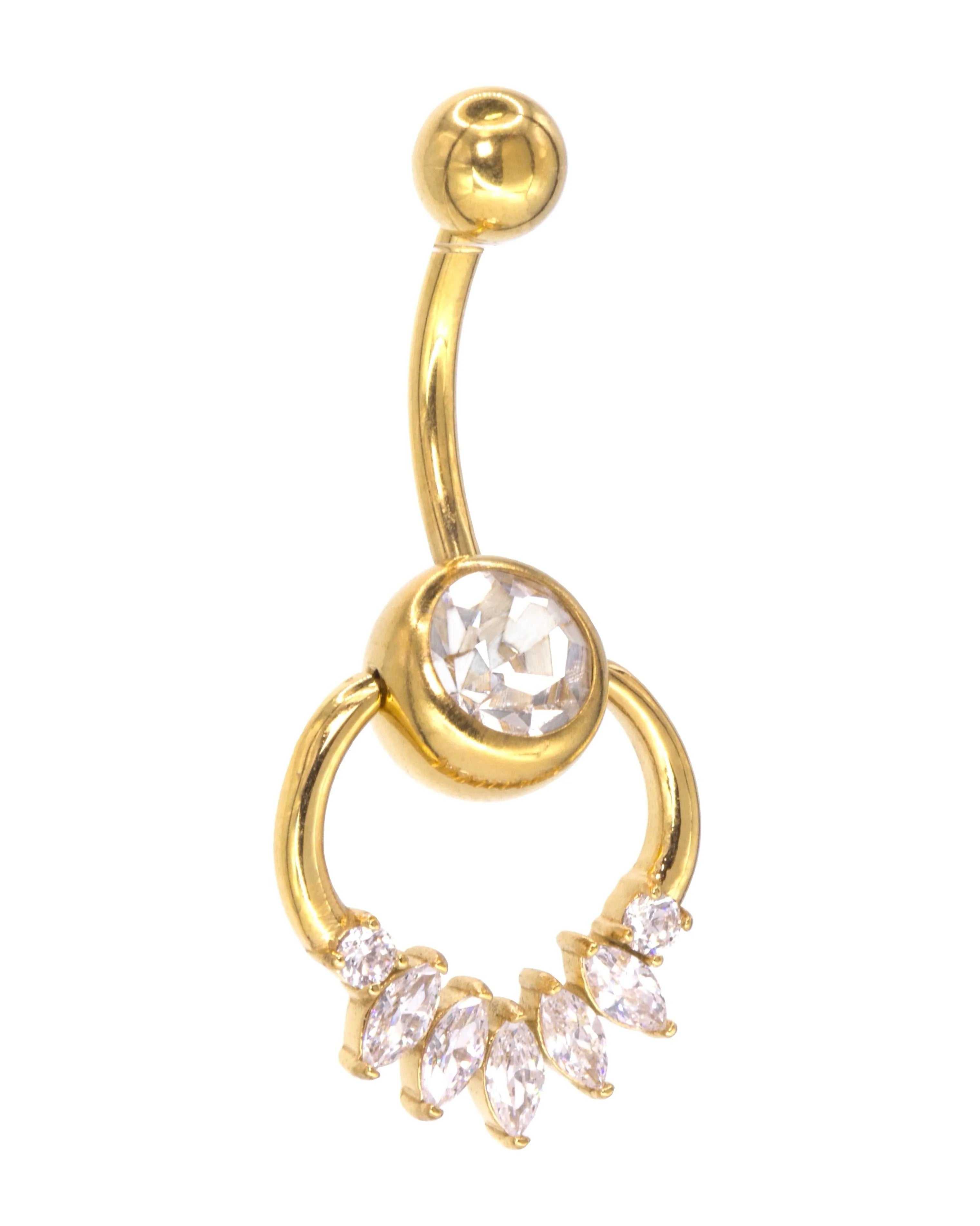 gold dangle belly ring featuring marquis crystals