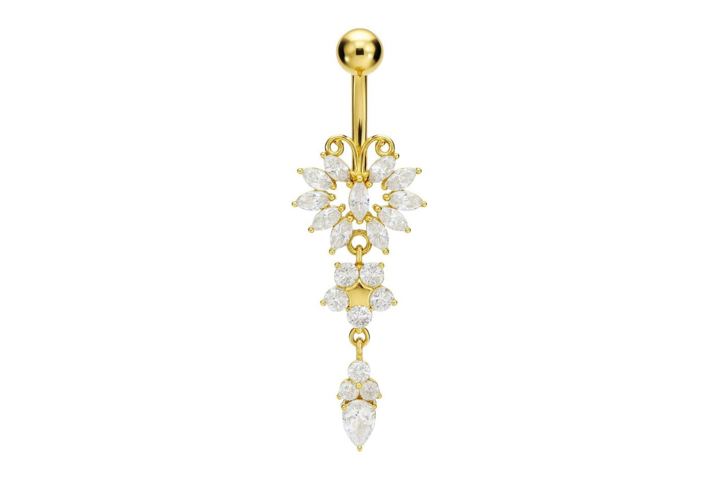 gold dangle belly ring with an elegant butterfly design