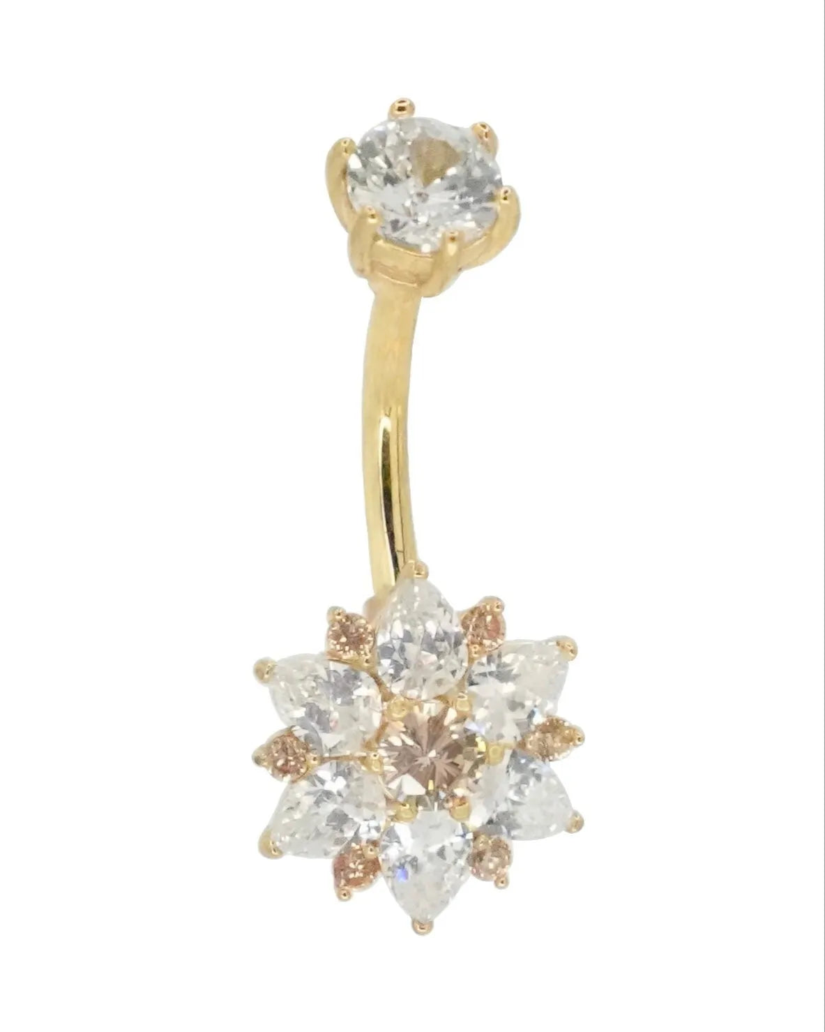non-tarnish gold belly ring featuring a unique crystal flower