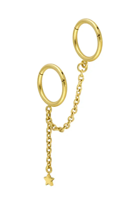 non-tarnish double gold hoop with connecting chain for cartilage piercings and lobe