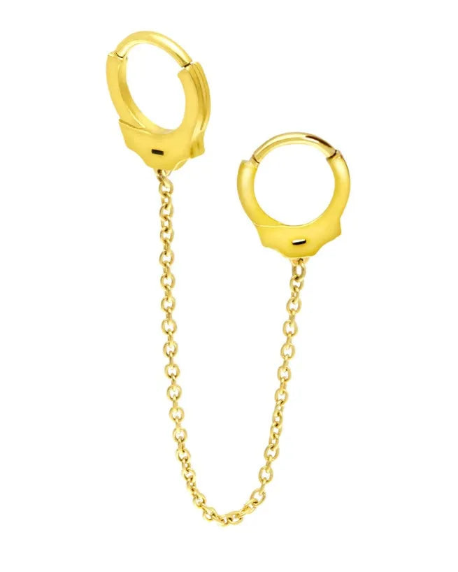 gold double handcuffs hoop with connecting chain for cartilage piercings and lobe