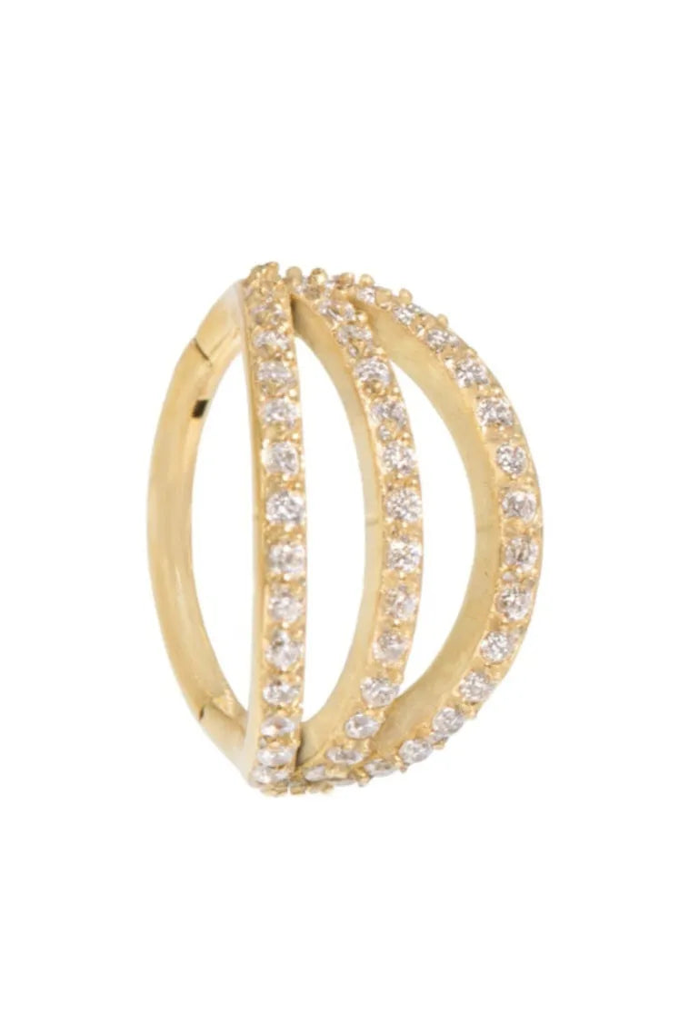 gold hoop for cartilage piercings featuring a triple crystal row