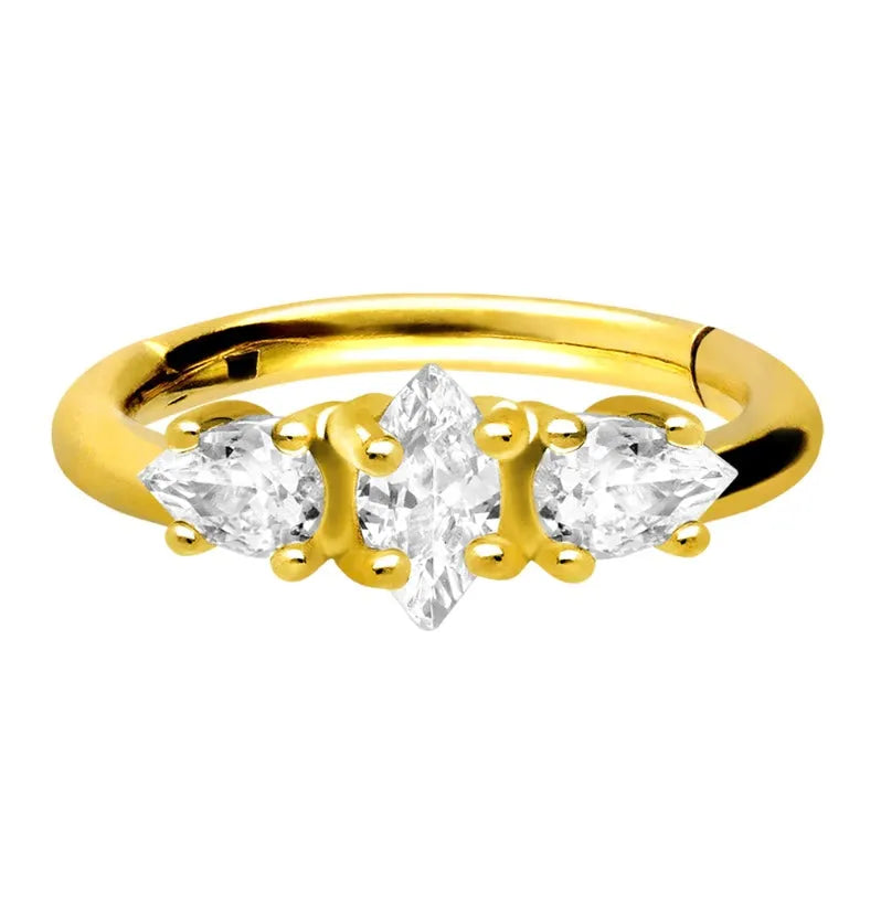 gold hoop for conch or helix featuring 3 dainty crystals