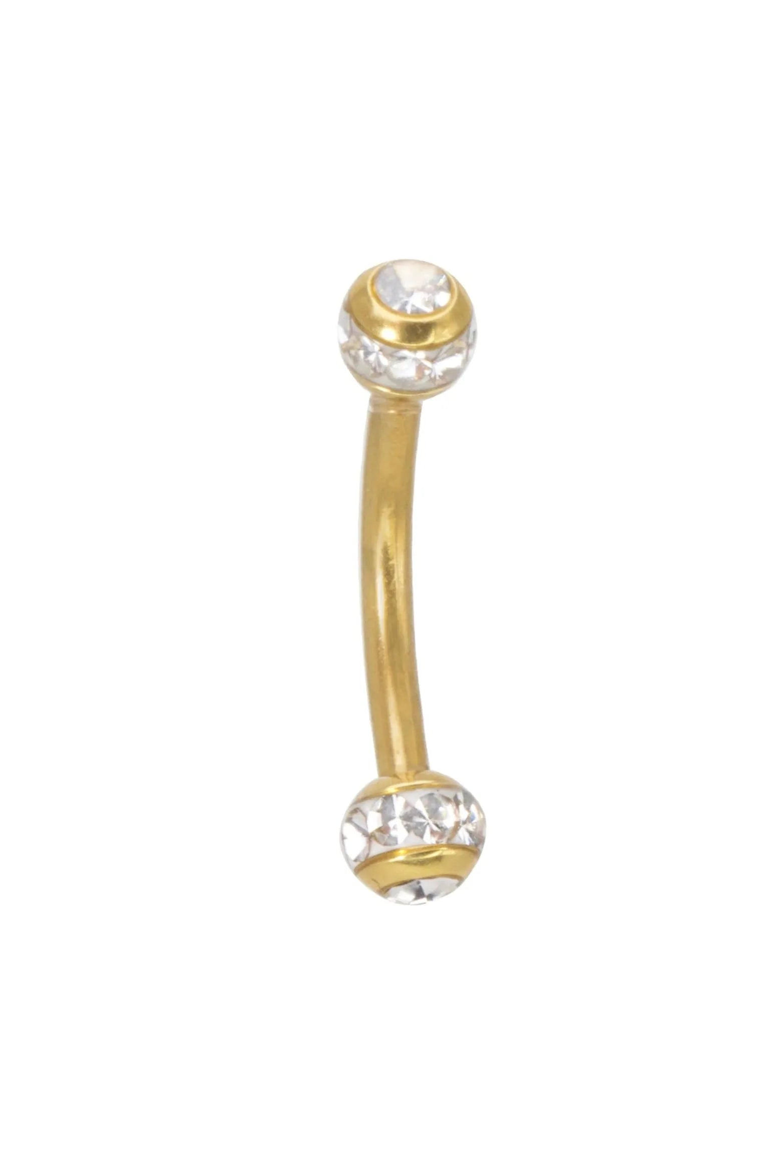 gold curved barbell for rook, vertical labret and eyebrow piercings featuring dainty crystal balls