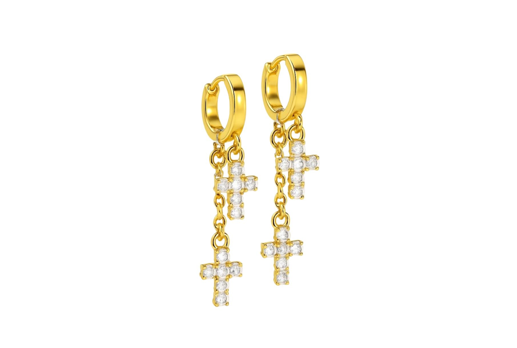 gold dangle hoop earrings with crystal crosses for sensitive skin