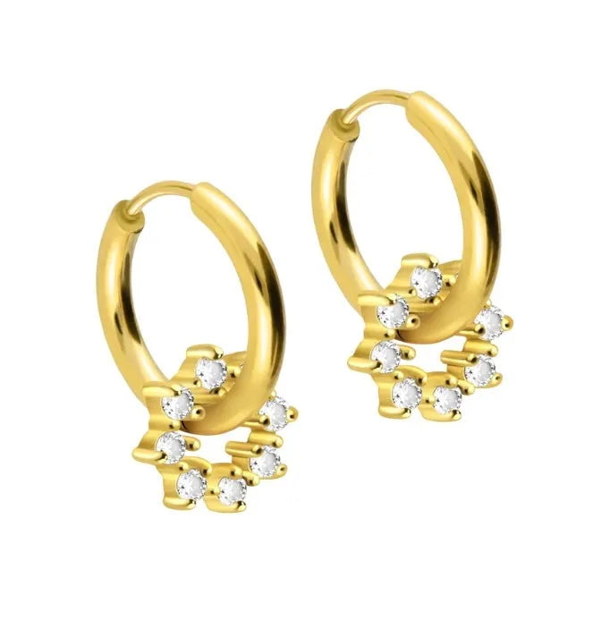 gold hoop earrings featuring a dangly crystal flower