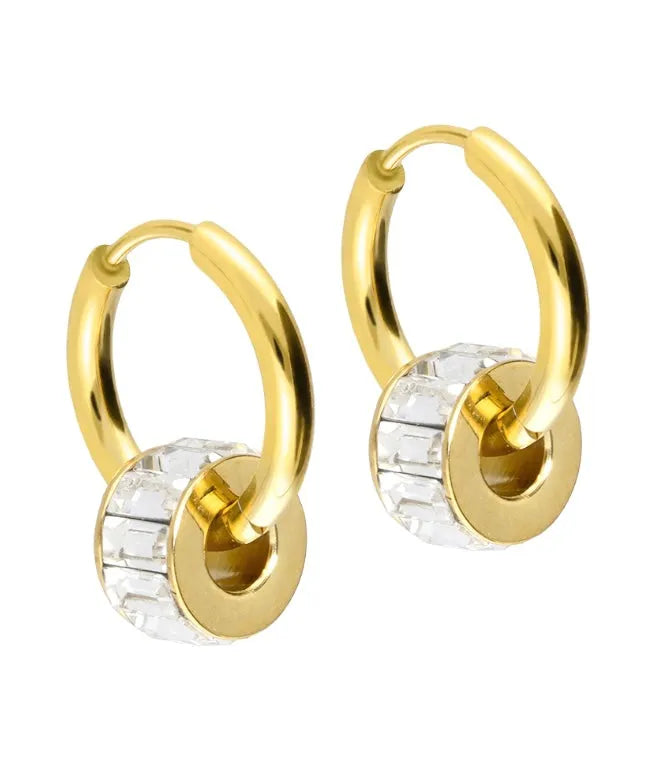 non-tarnish gold hoop earrings featuring a dangly, sparkly ring