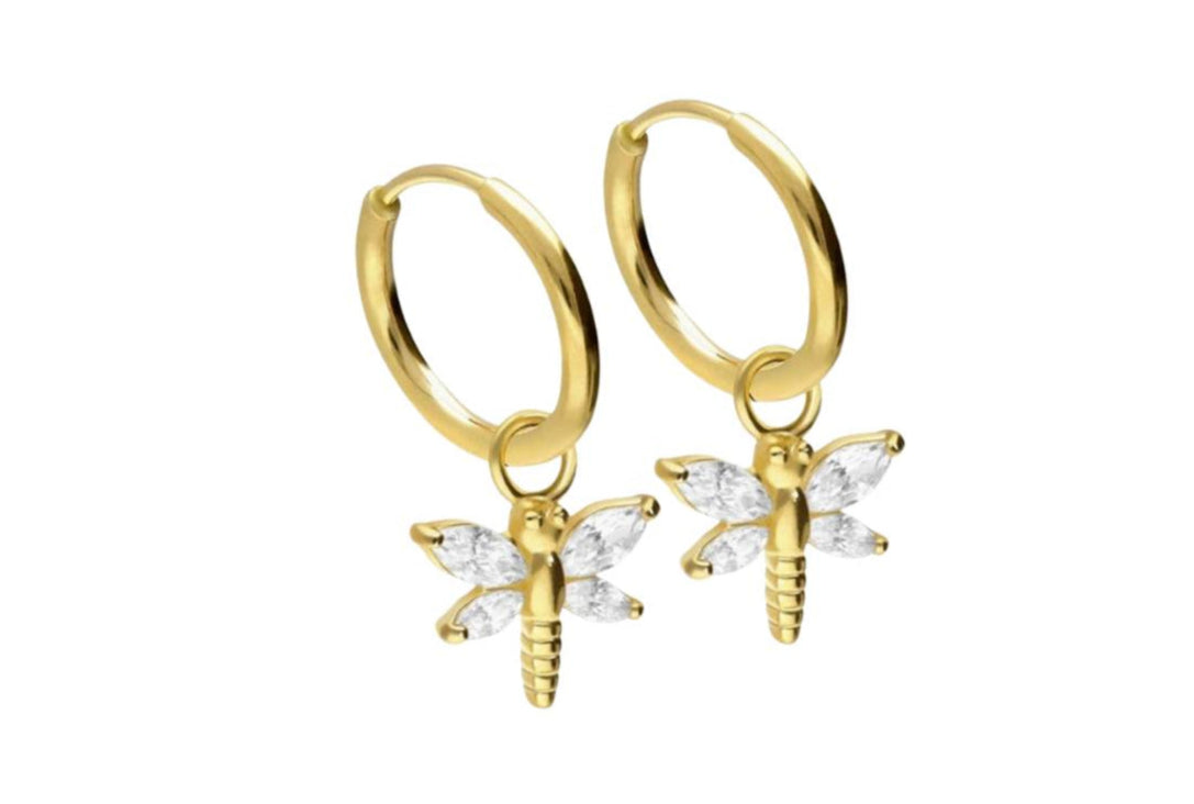 gold dangle hoop earrings featuring a dainty dragonfly
