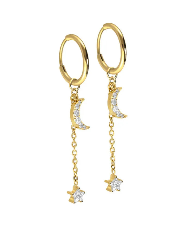 gold dangle hoop earrings featuring a cute moon & star design