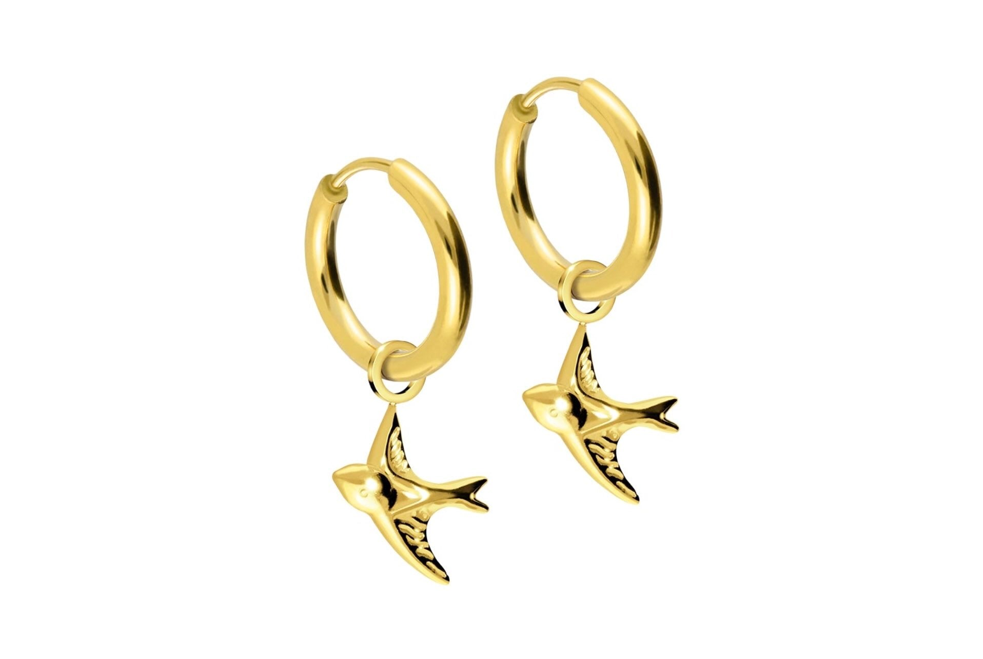 gold dangle hoop earrings featuring a swallow design