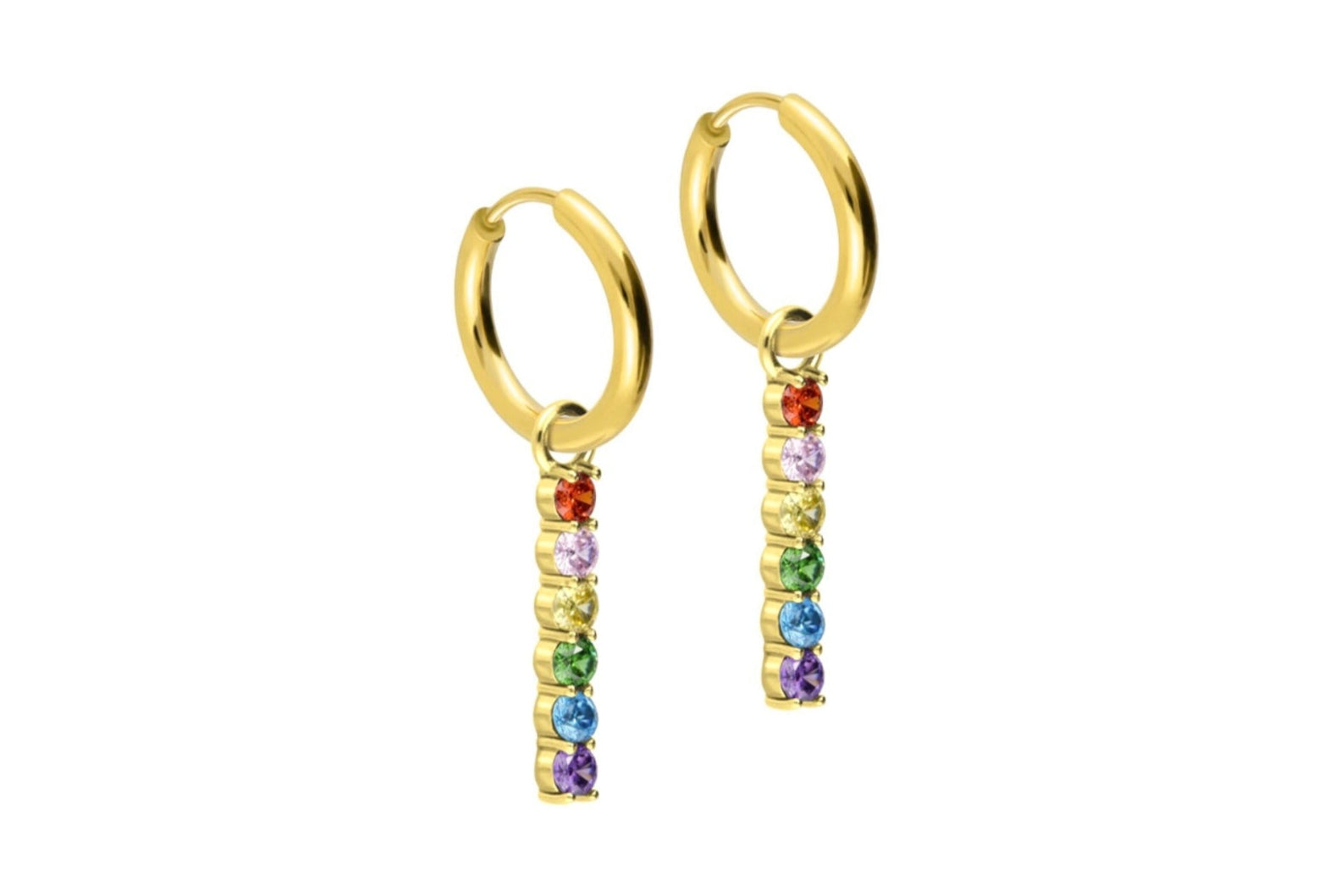 gold dangle hoop earrings with colorful diamonds