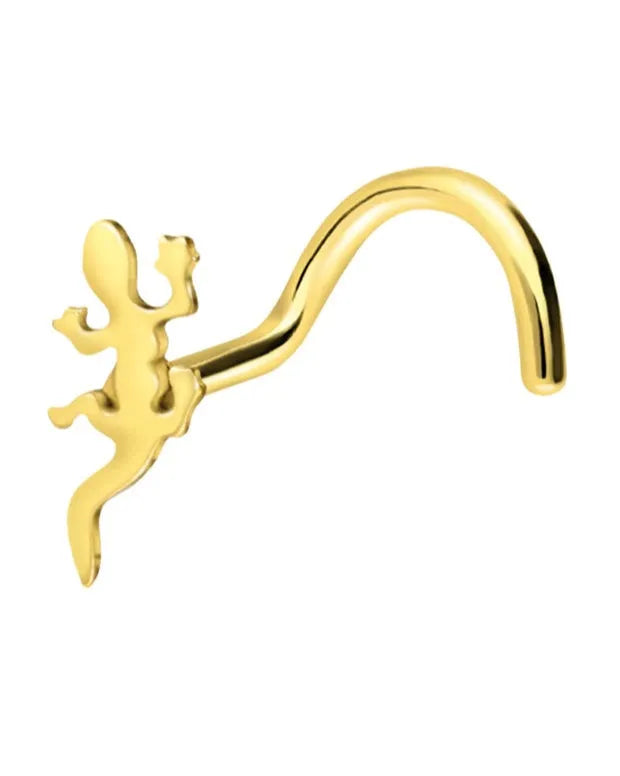 hypoallergenic gold nose ring featuring a dainty lizard