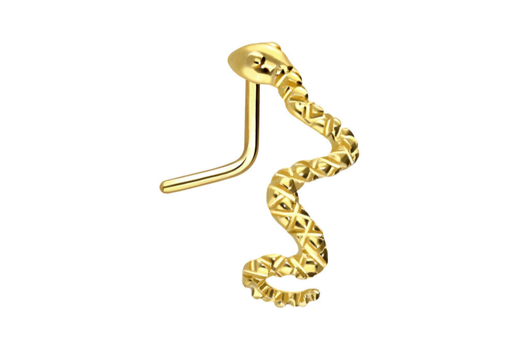 gold nose ring with a snake that is supposed to hug the nostril