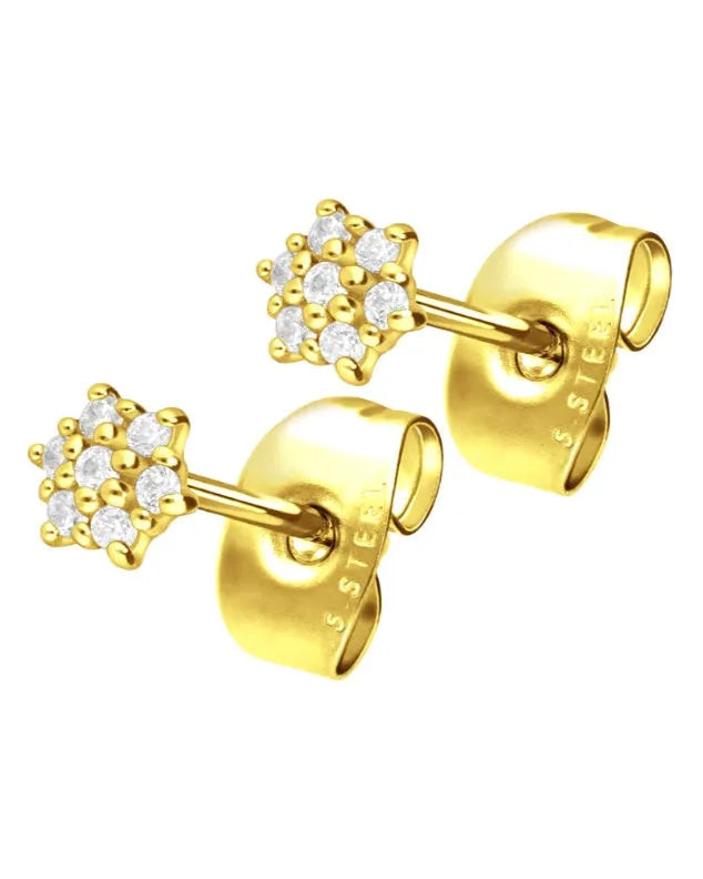 non-tarnish stud earrings featuring a crystal flower