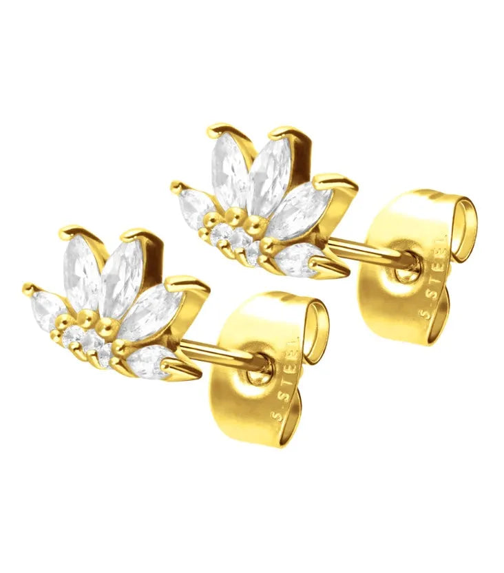 non-tarnish gold stud earrings featuring a sparkly lotus