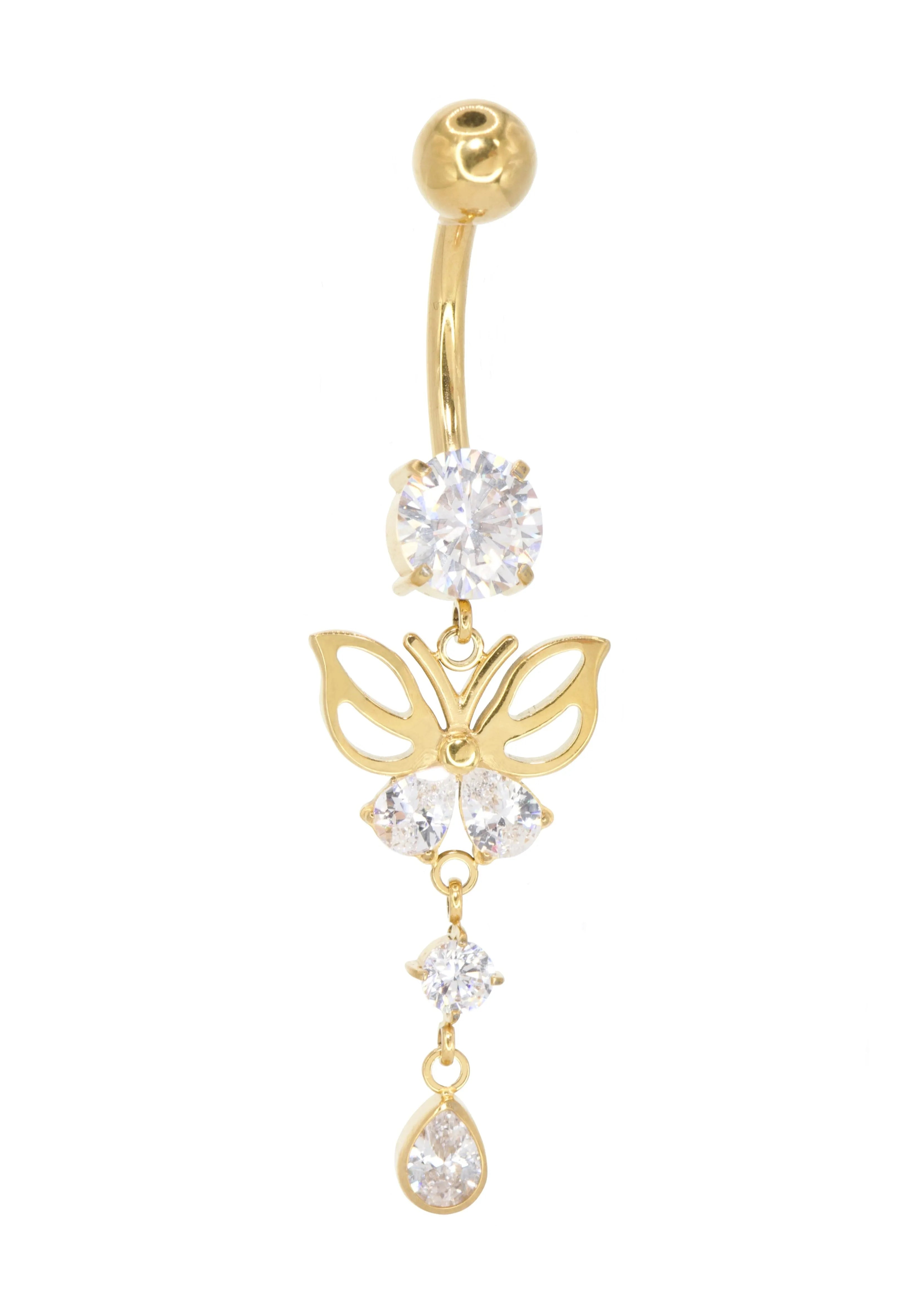 gold dangle belly ring featuring a butterly & crystals