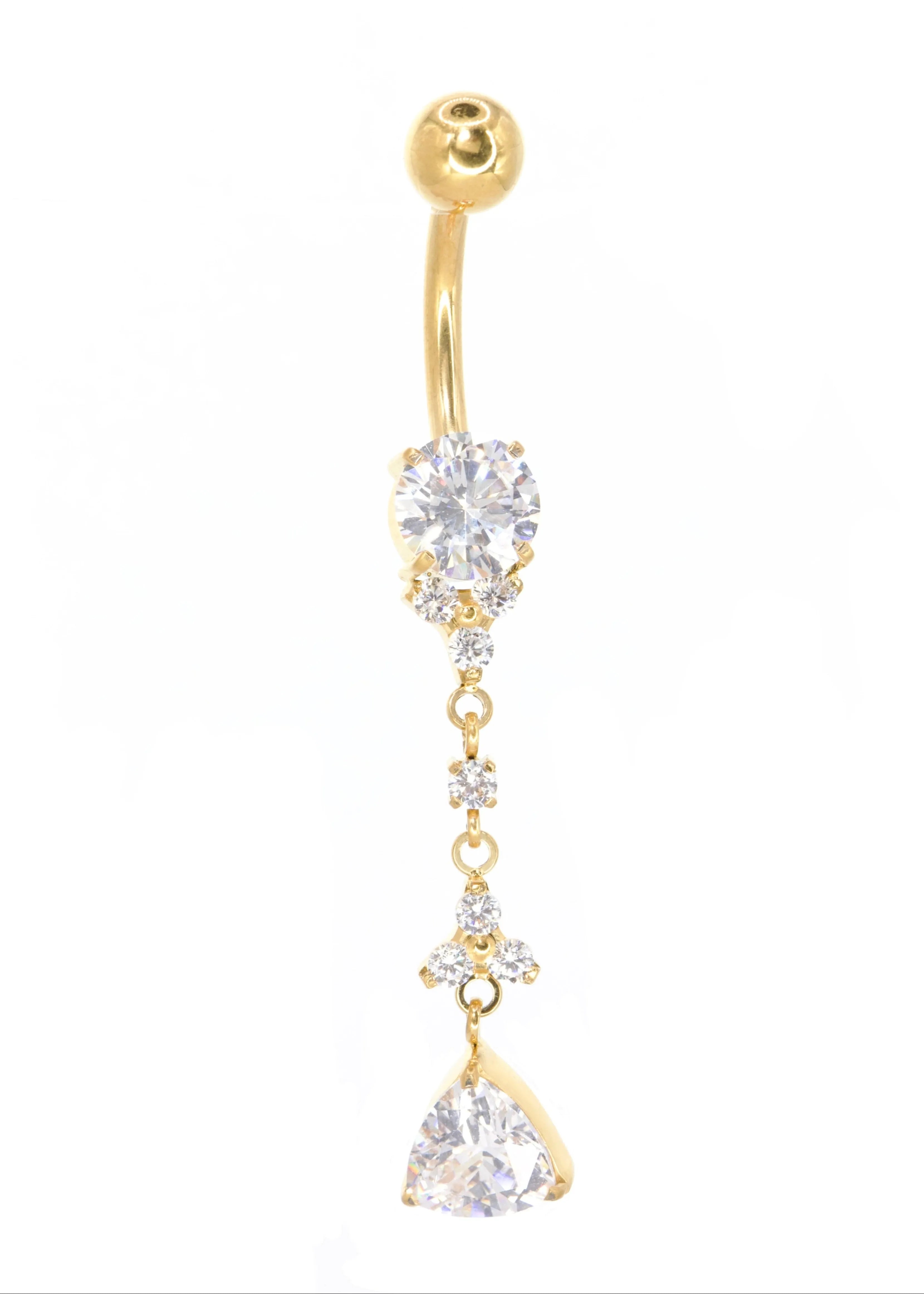 gold dangle belly ring featuring a crystal chain