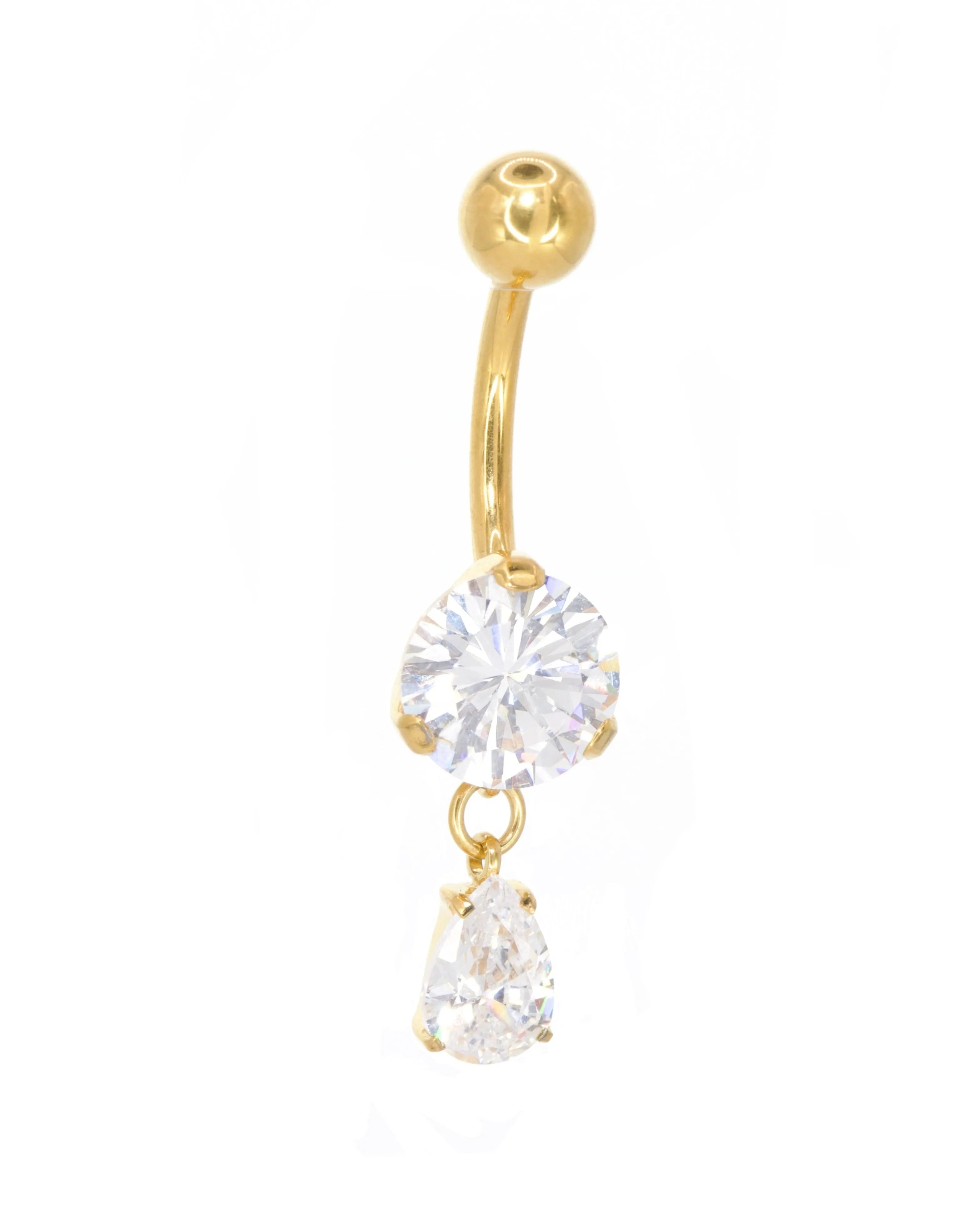 hypoallergenic gold dangle belly ring with a dainty crystal
