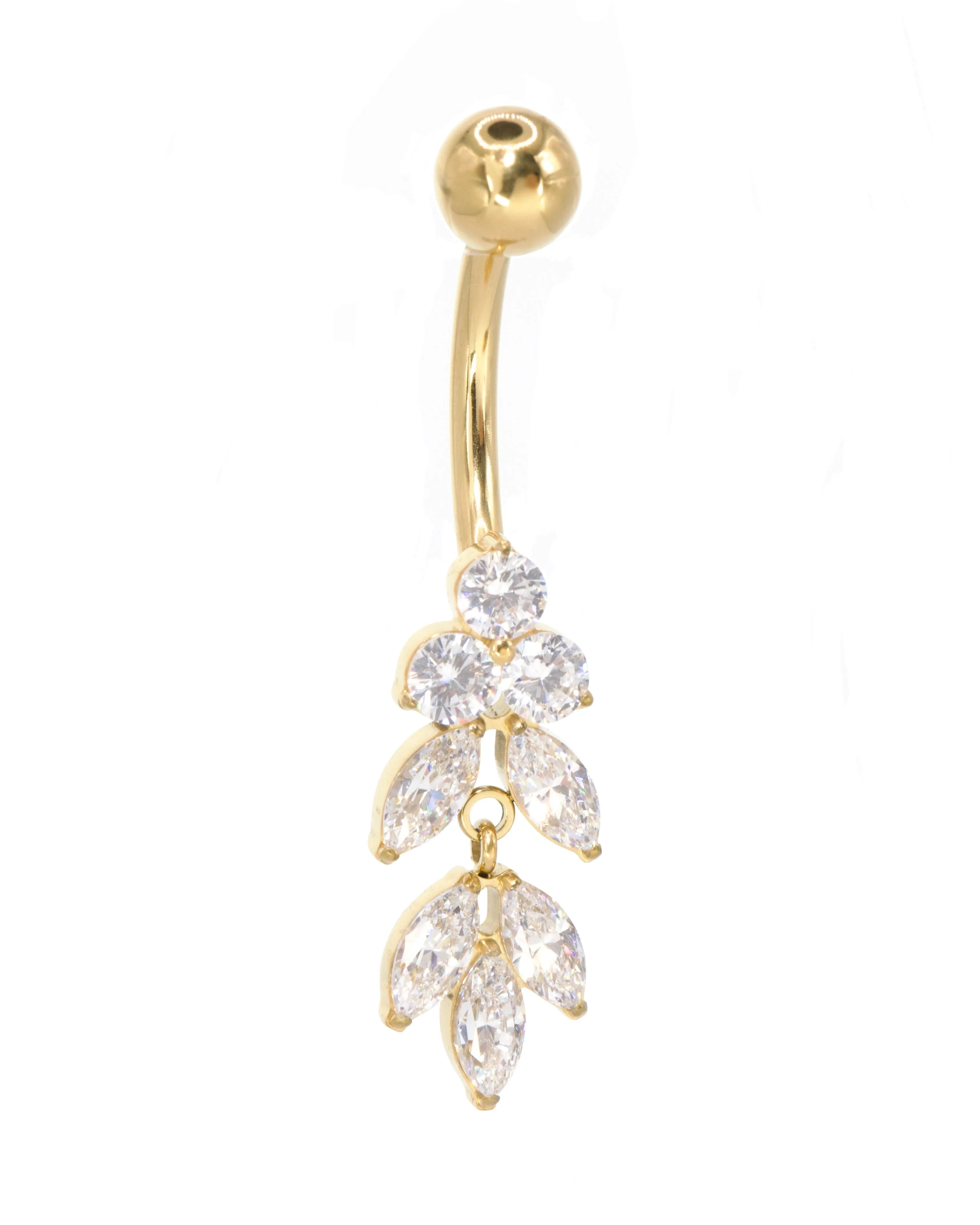 gold dangle belly ring with a crystal leaf design