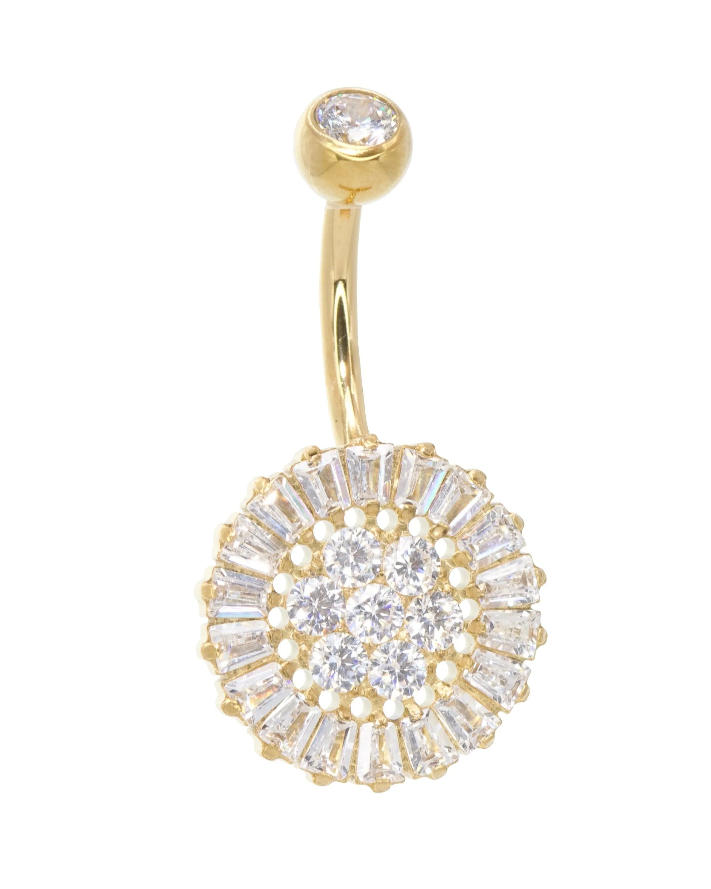 gold belly ring featuring an elegant crystal sun
