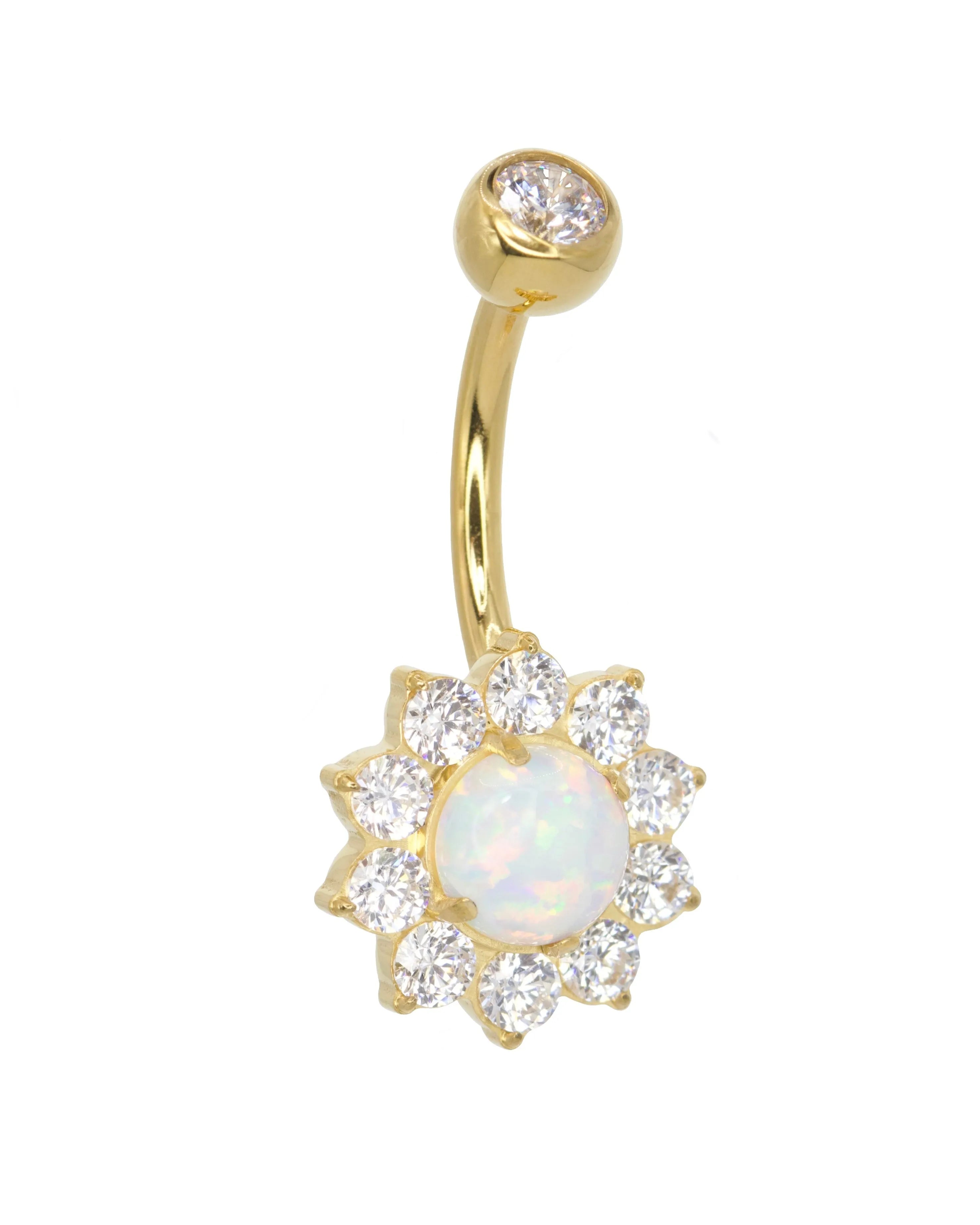 hypoallergenic gold belly button ring with an opal flower
