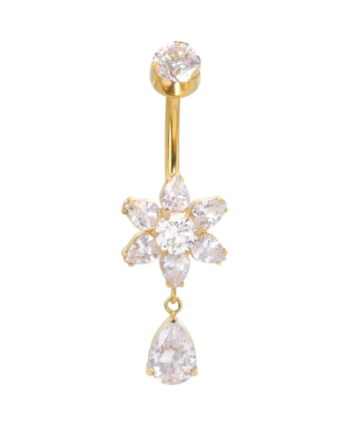 godl dangle belly ring featuring a flower & drop