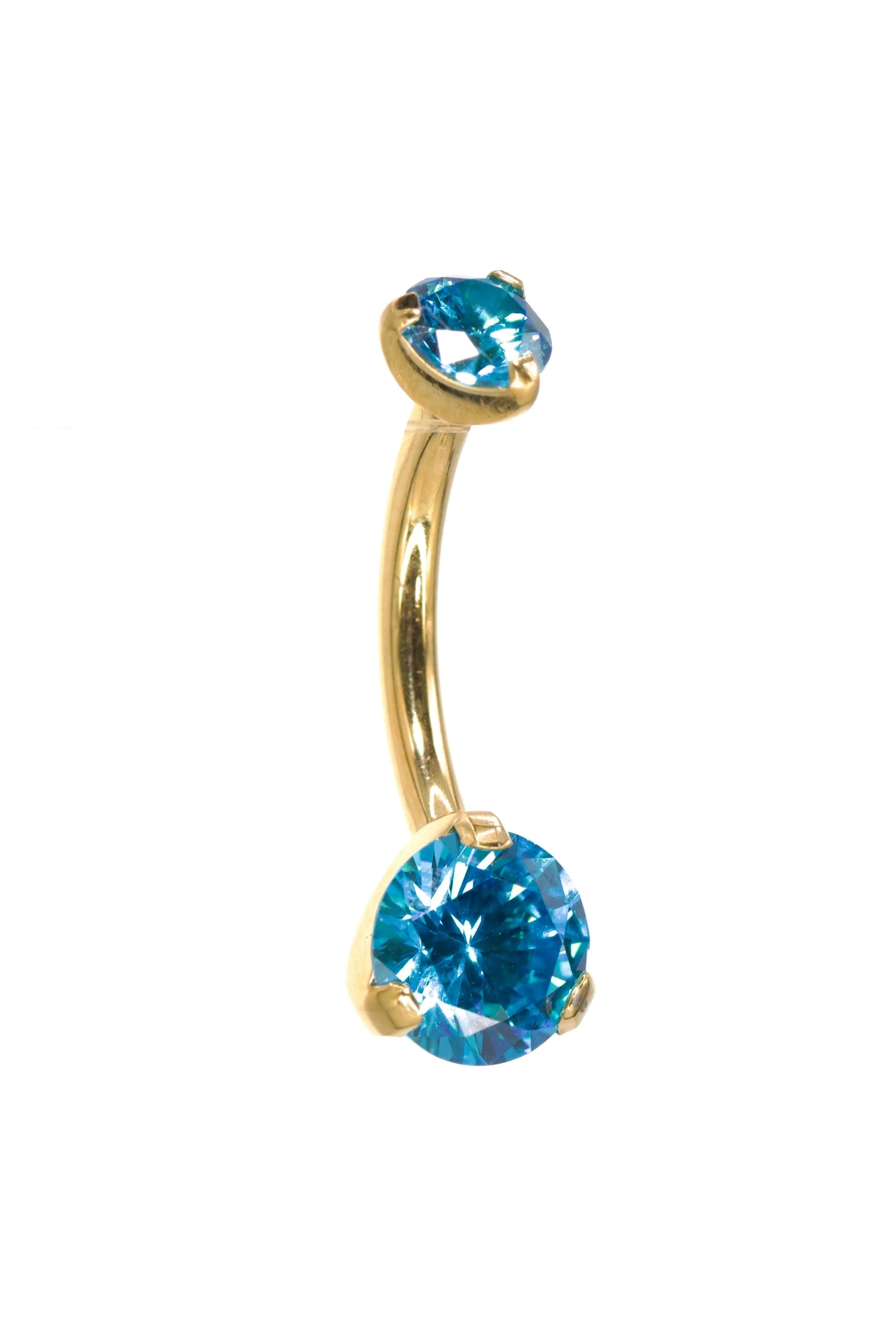 gold belly ring featuring 2 dainty blue diamonds