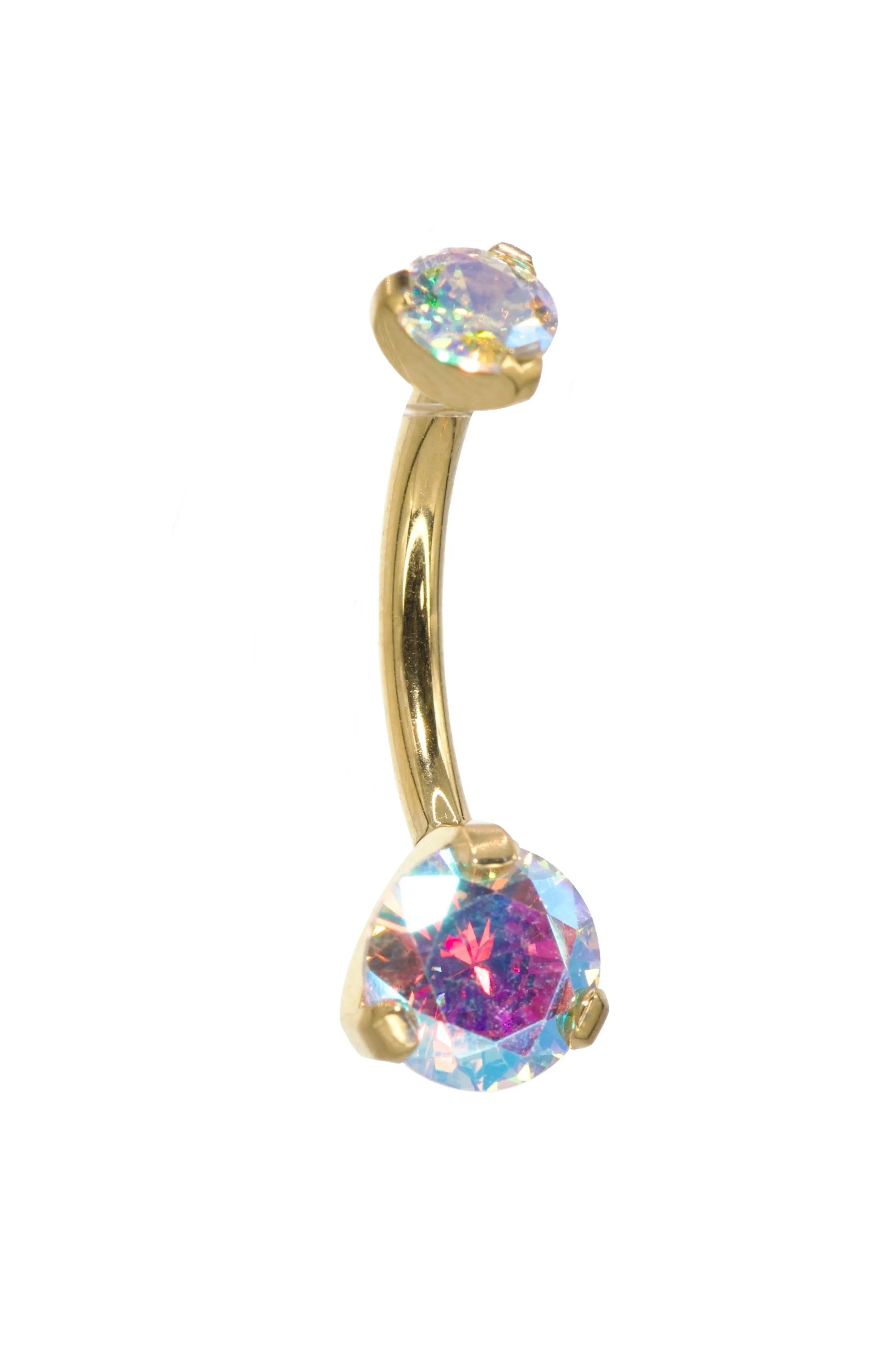 gold belly ring featuring 2 dainty rainbow diamonds