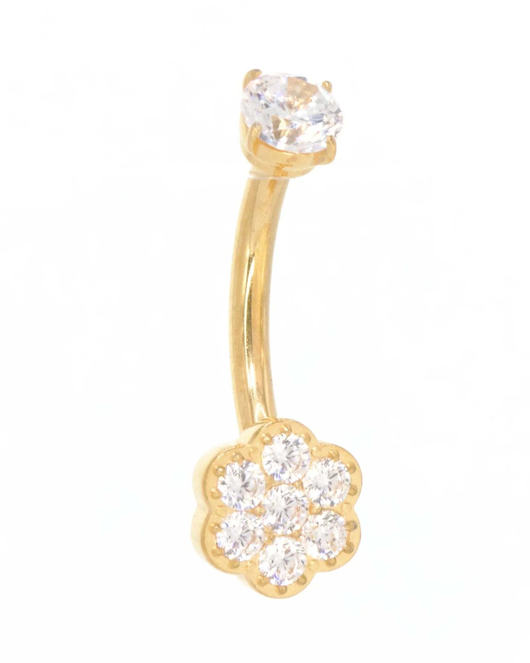 hypoallergenic gold belly ring featuring a tiny crystal flower