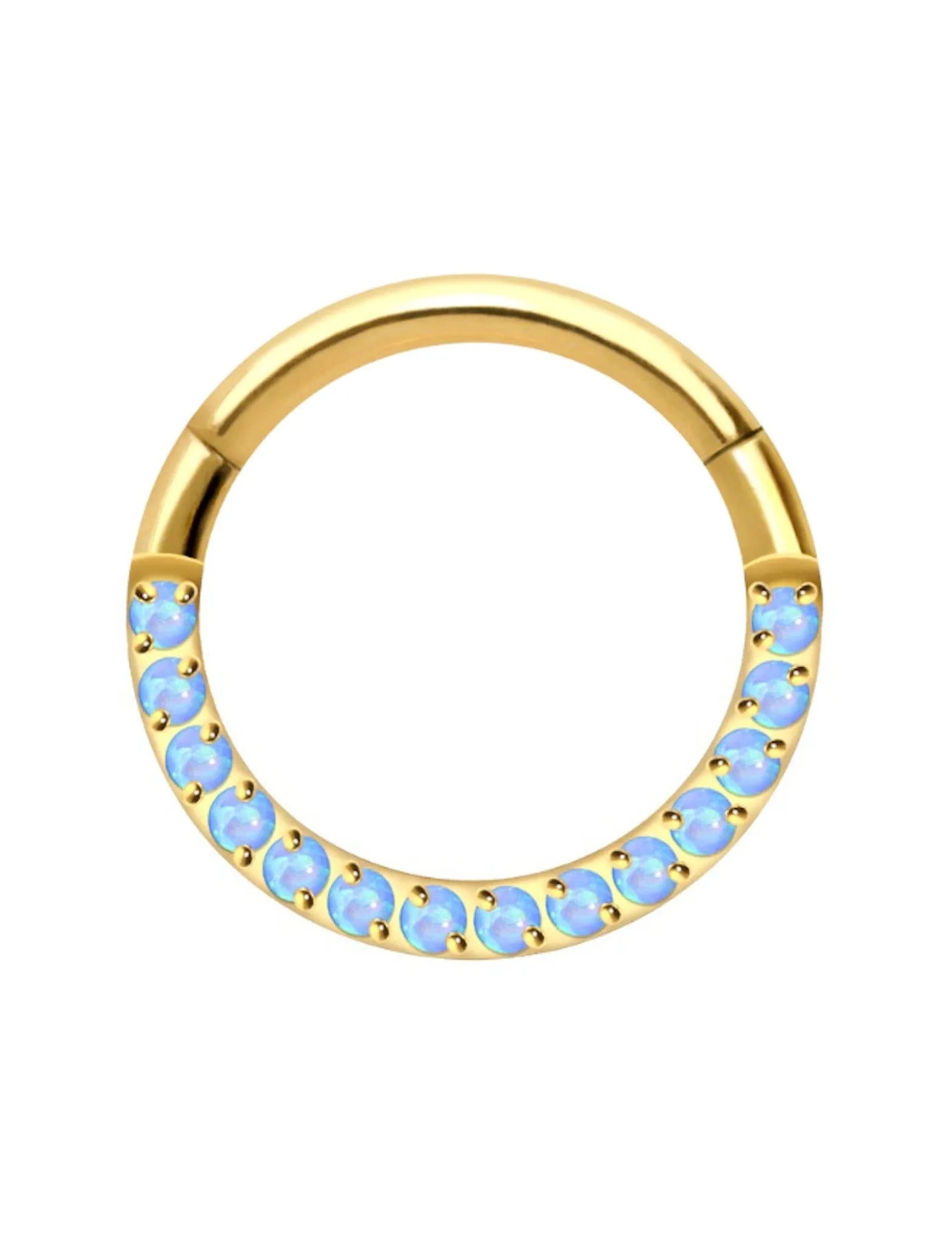 hypoallergenic gold septum jewelry with dainty blue opals