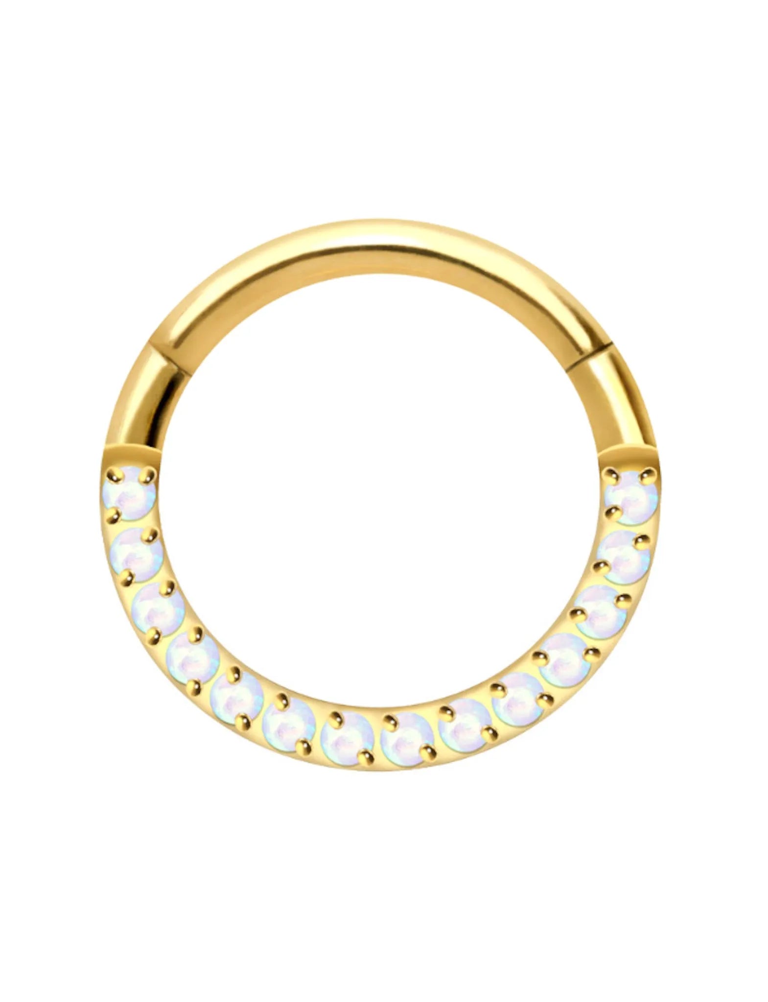 hypoallergenic gold septum jewelry with dainty white opals