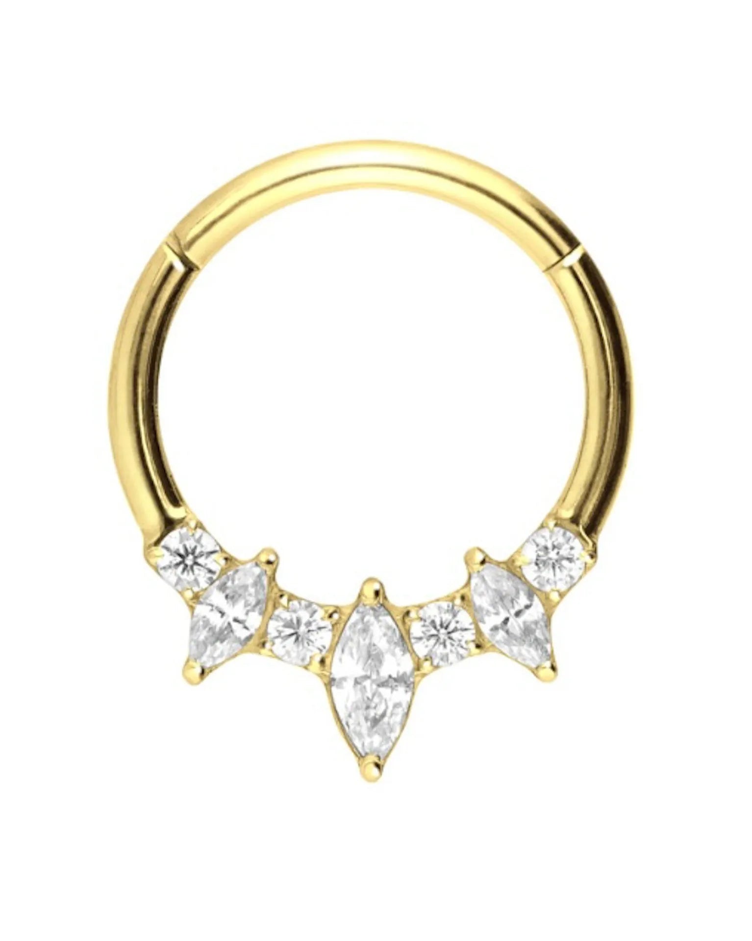 hypoallergenic gold septum jewelry featuring a dainty crystal design