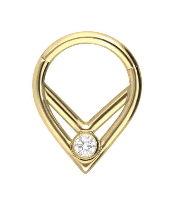 gold daith piercing jewelry with a tapered design and a tiny gem