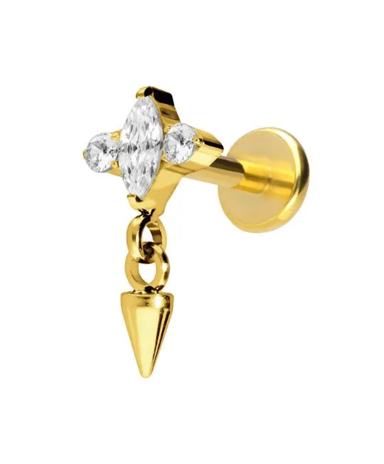 gold dangle flat back earring with a spike & crystals